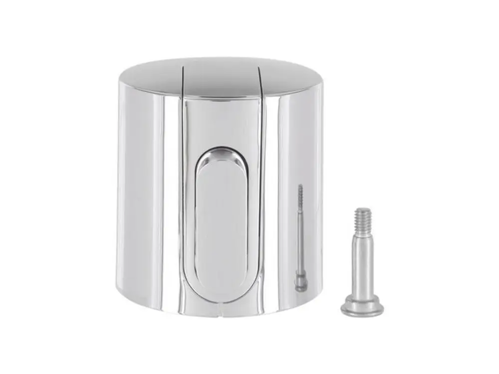 Mengenregelgriff aus Chrom von Ideal Standard. Rundes, glänzendes Design mit einer seitlichen Betätigungsfläche. Schraube zur Befestigung daneben.